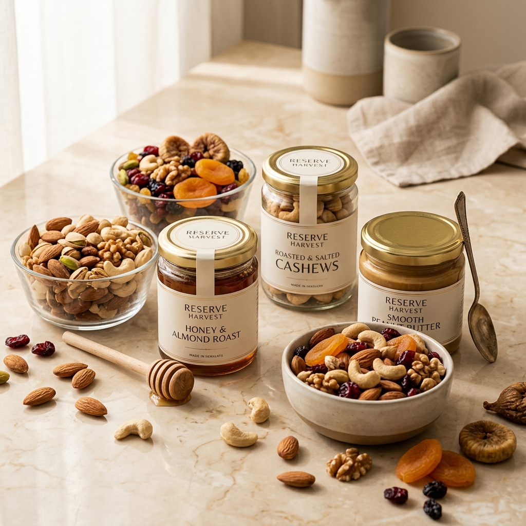 Premium healthy snacks with dry fruits, nuts, and honey